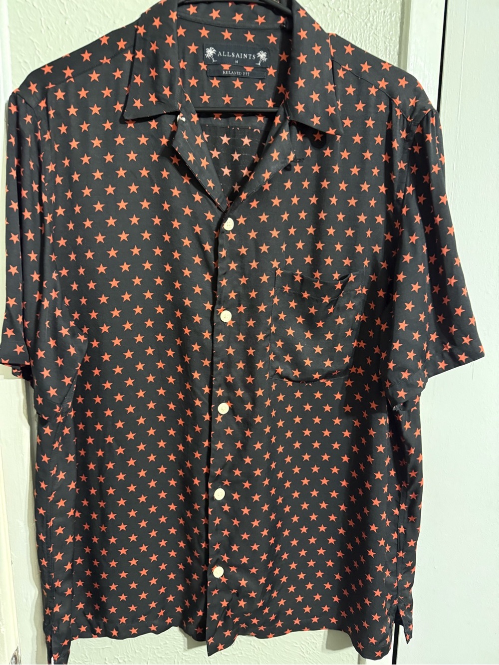 All Saints Black Short-Sleeve Button-Up Shirt with Red Star Print